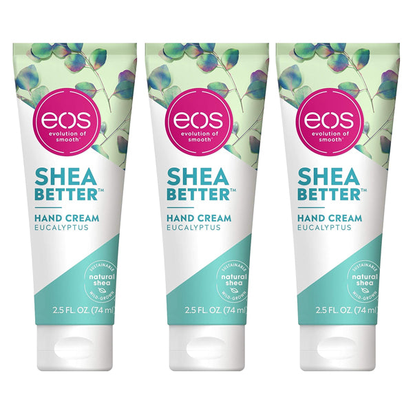 Two packs of eos Eucalyptus Natural Shea Butter Hand Lotion, each 2.5 oz, are shown upright with front labels visible, providing 24-hour hydration for soft, nourished hands.